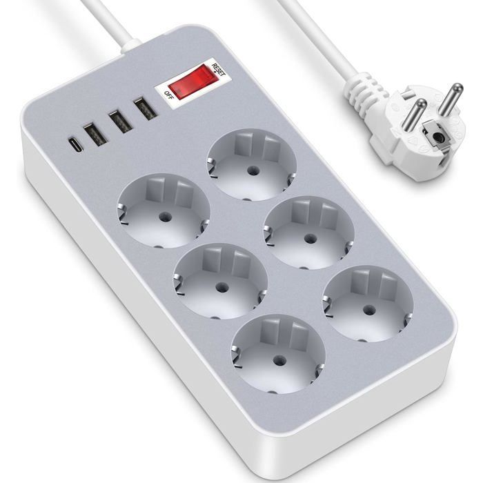Regleta eléctrica de 6 tomas con 4 puertos USB, cargador de viaje (5V 2A/12W), protector contra sobretensiones, pararrayos y protección contra sobretensiones.
