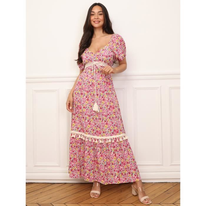 Long dress - Not specified - Floral pattern - Crochet details - Balloon sleeves - Decorative pom-poms