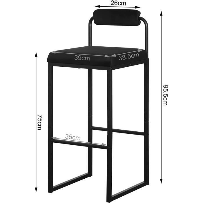 WOLTU 2x Tabourets de Bar en Velours et Métal, Chaise Haute Bar, Design Moderne, Hauteur du Siège 75cm, Noir BH343sz-2