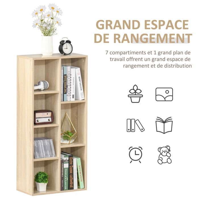 Estantería modular de 7 cubos HOMCOM para interiores, sala de estar, dormitorio - 50 cm de ancho x 24 cm de profundidad x 106 cm de alto, madera natural.