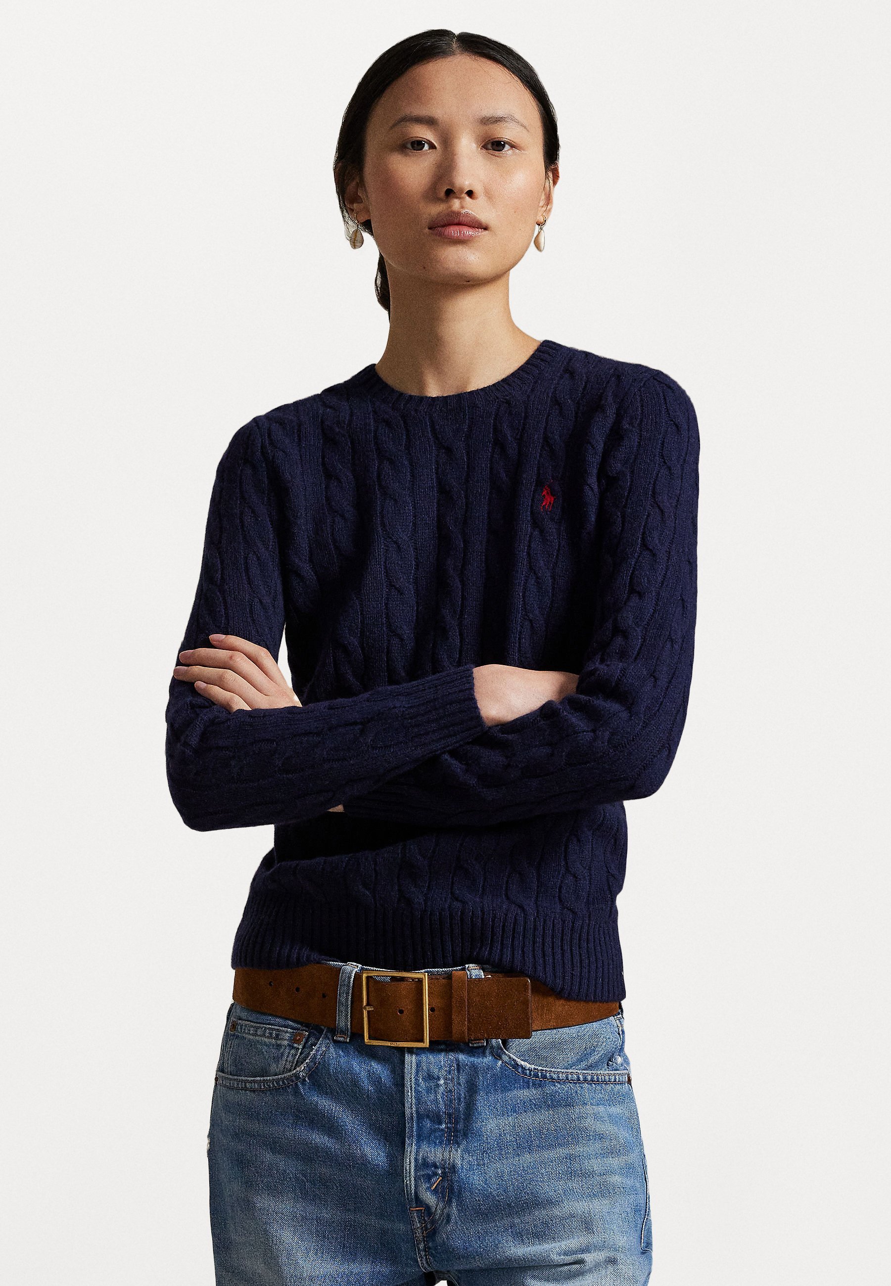 Polo Ralph Lauren Zopfmuster-Pullover aus Wolle und Kaschmir mit Rundhalsausschnitt – Pullover – Jägerblau