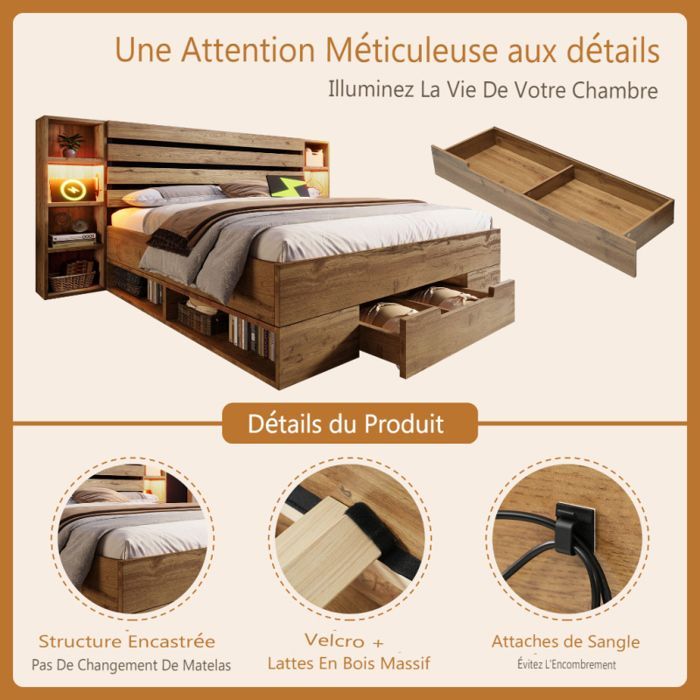 Cama con almacenamiento - LANGTU - 160x200 - Madera maciza de roble - Luces LED ajustables - Puertos USB/Tipo-C y cajones