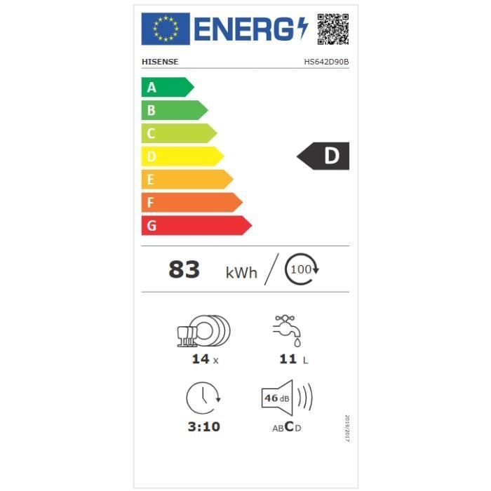 Lavavajillas independiente Hisense HS642D90B, con capacidad para 14 servicios.