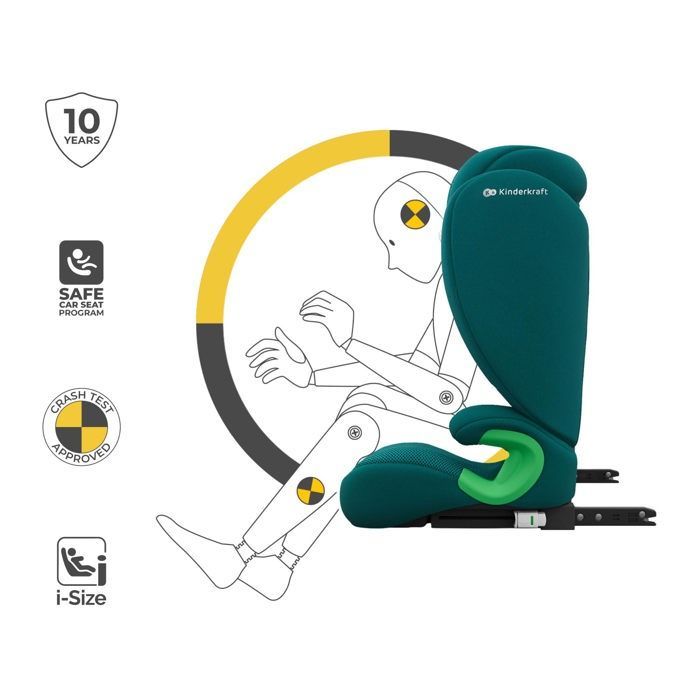 Seggiolino auto Kinderkraft JUNIOR FIX 2 PLUS 100-150 cm, seggiolino convertibile ISOFIX con protezione dagli impatti laterali e poggiatesta regolabile, verde
