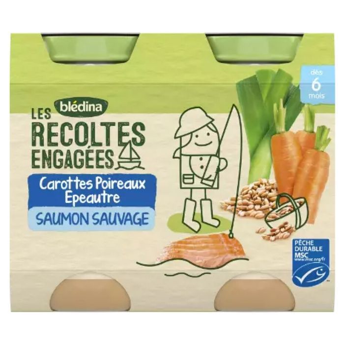 Blédina Les Récoltes Engagées Carottes Poireaux Epeautre et Saumon Sauvage Dès 6 Mois 2 POTS