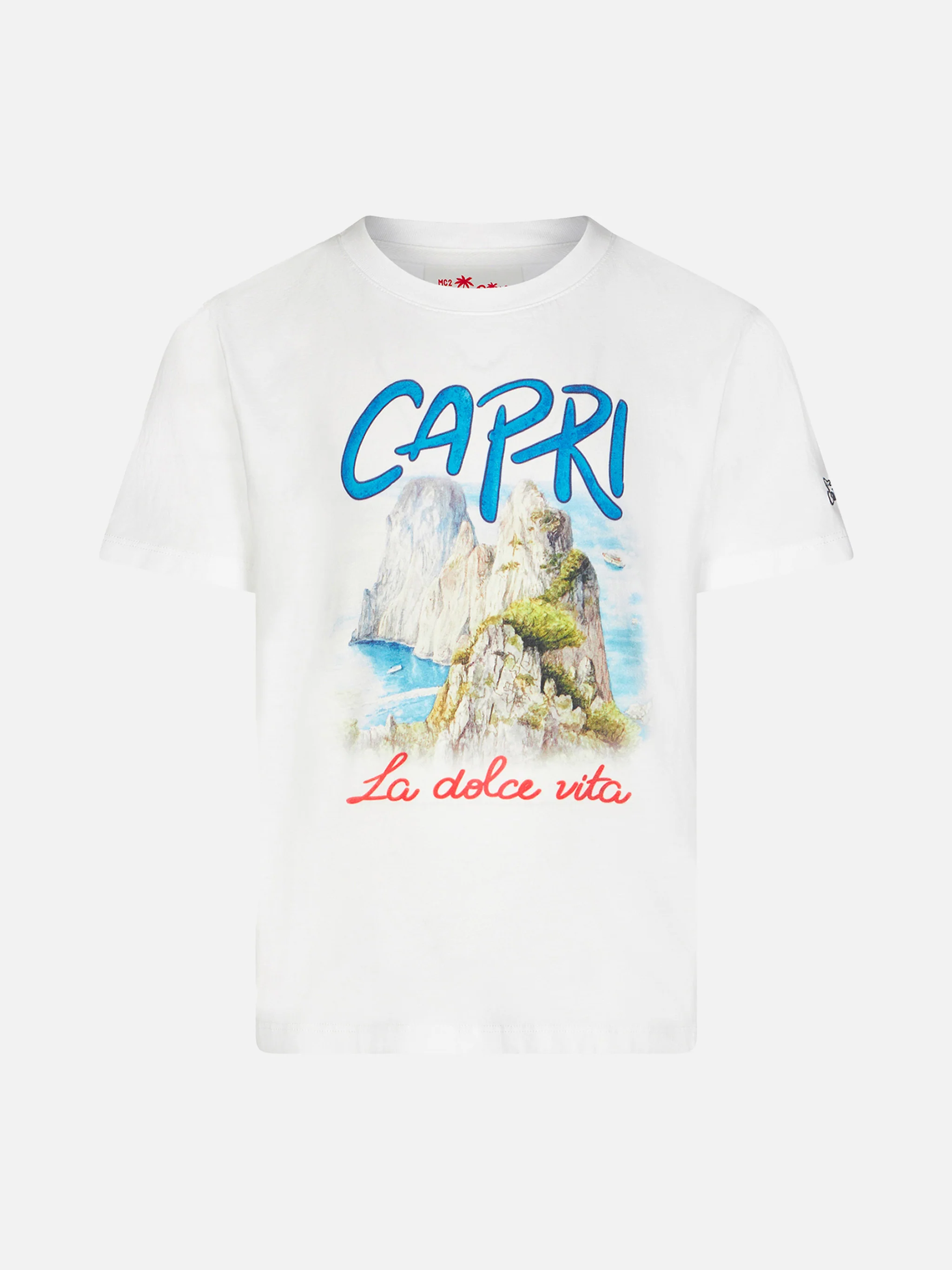 Kinder T-shirt van katoen met Capri La Dolce Vita-print op de voorkant.