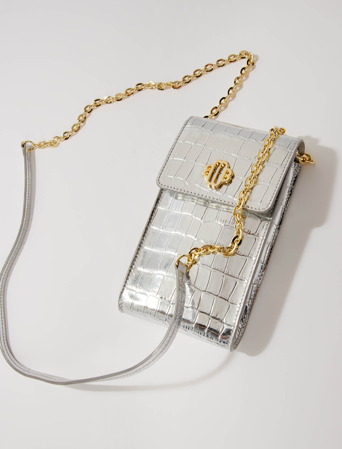 Metallic leren handtas met print - Zilver
