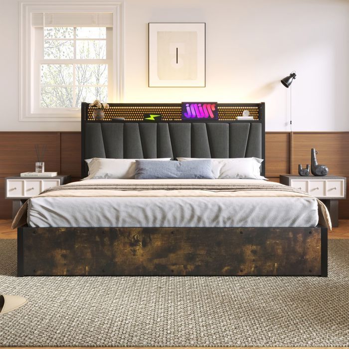 Lit capitonné 180x200, avec tête de lit LED, commande par appli, ports USB et design métallique premium lit double
