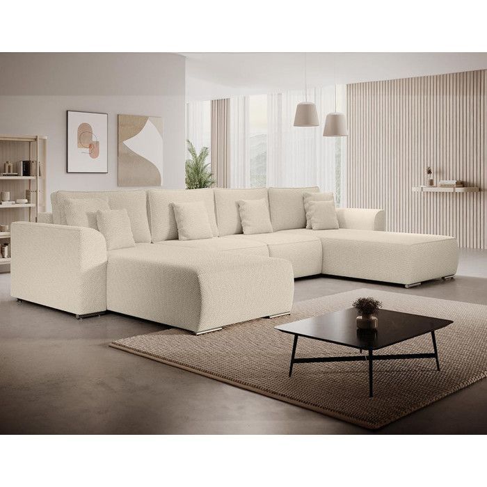 Gabriel – 7-Sitzer-Panorama-Schlafsofa in U-Form mit Stauraum, bezogen mit strukturiertem Stoff – Beige
