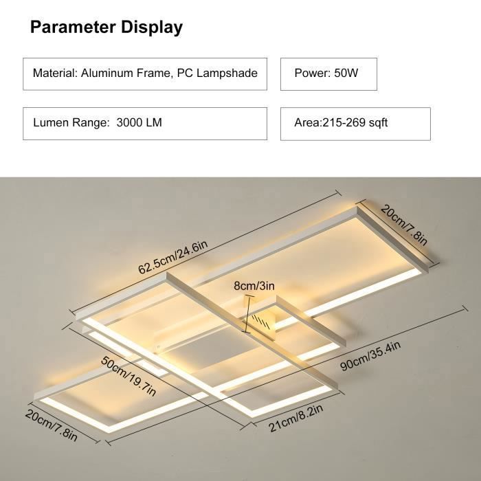 Ganeed Deckenleuchte, dimmbar, moderne LED-Deckenleuchte, 50 W, 3-lagig, quadratisch, Acryl (weiß), Aluminium, (90 x 50 x 8 cm), 3000–6000 K