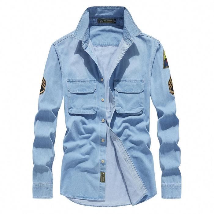 Camisa vaquera de manga larga para hombre con bolsillos, color liso, para primavera y otoño - Azul claro