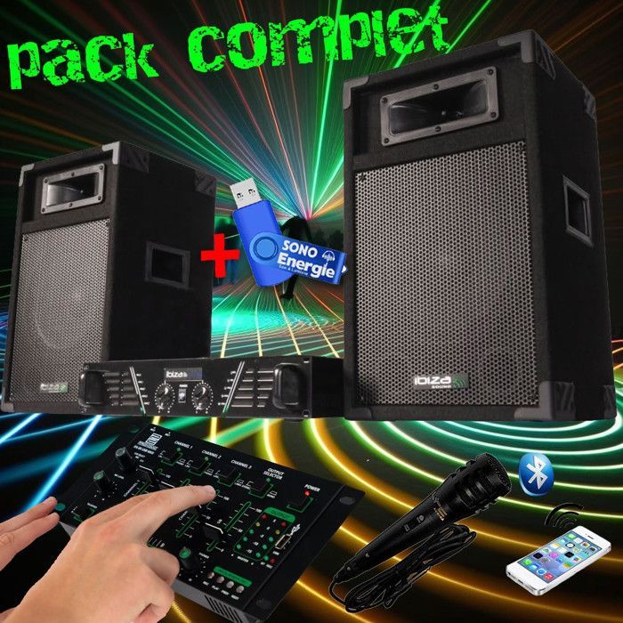 Complete ibiza DJ300 480W sound pack + bluetooth mixer + 2 speakers + microphone + 32 gigabyte USB key