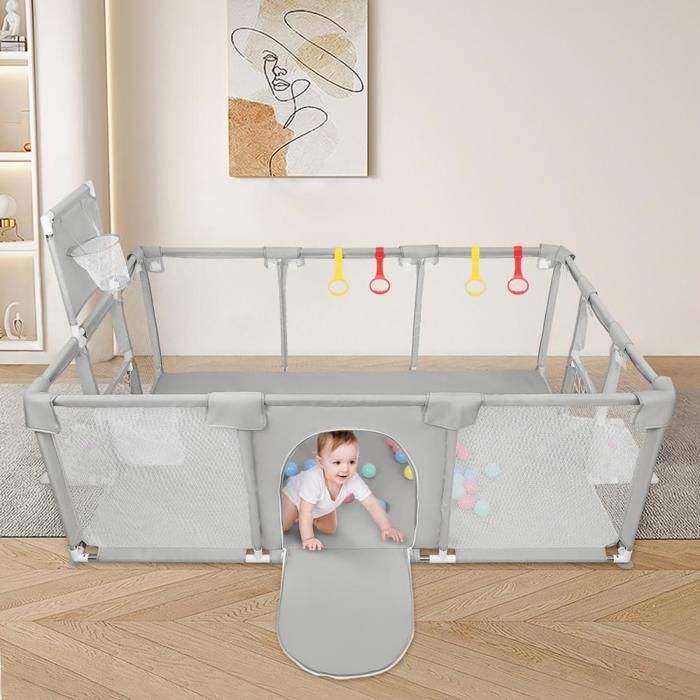 Babybox 180x120x66cm, inclusief hoekstukken, grote kinderbox met 50 ballen, 4 handgreepringen, 8 zuignappen, afscheidingen, netten, grijs