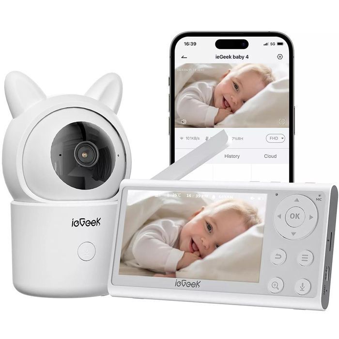 ieGeek 1080P Babyphone Caméra,PTZ 355° Baby Phone Vidéo connecté Smartphone, Visiophone avec Vision Nocturne, Suivi Automatique