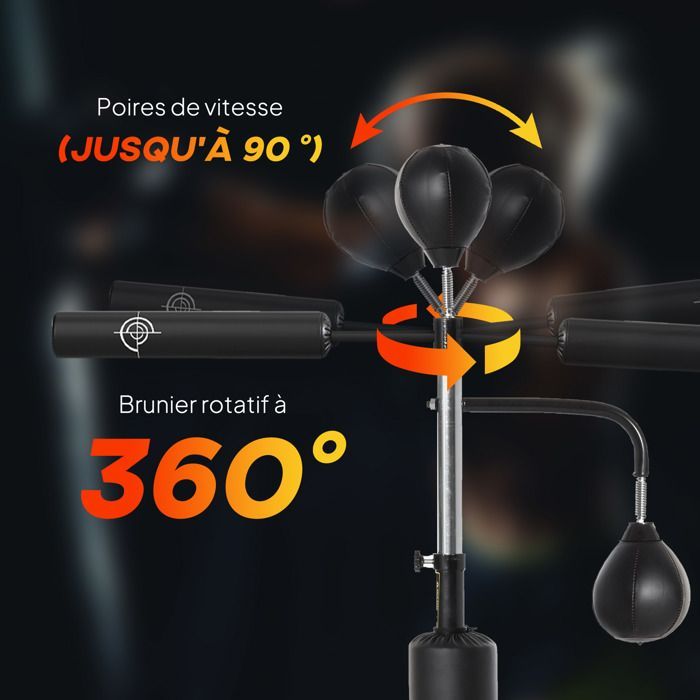 Saco de boxeo independiente - HOMCOM - Bola de boxeo 4 en 1 con barra giratoria de 360°, altura ajustable de 160 a 230 cm - Acero - Negro