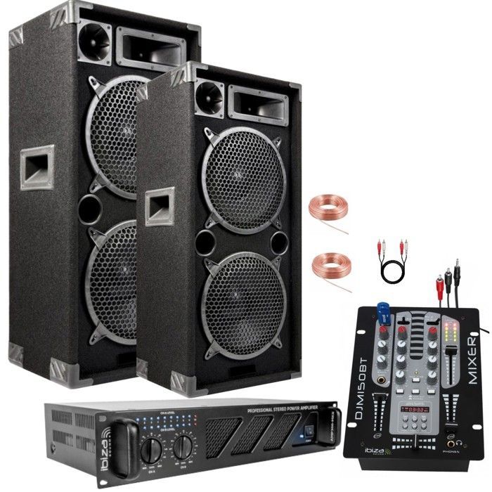 Sistema PA Ibiza Sound da 2960W - Amplificatore 2x480W - Diffusori PMPO 2x1000W - Mixer - Cavi di collegamento - PA per DJ - Festa