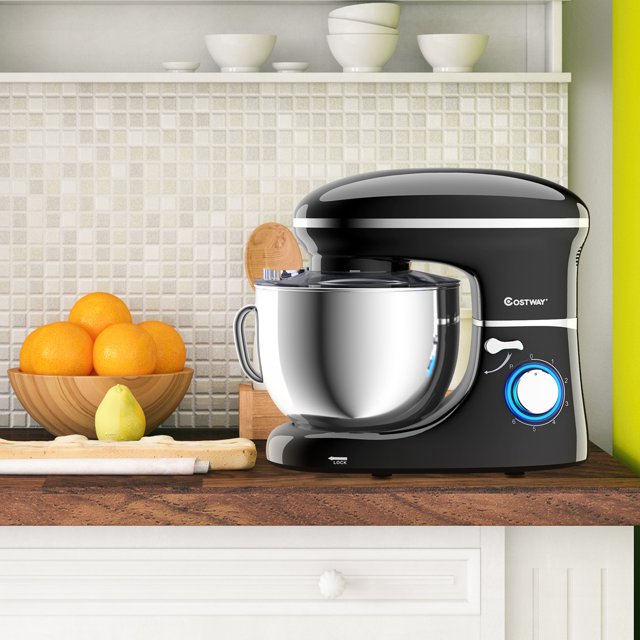 Batedeira de pedestal Costway de 6 velocidades, 660 W, com gancho para massa e batedor de arame, 6,3 qt (6,3 litros), branca.