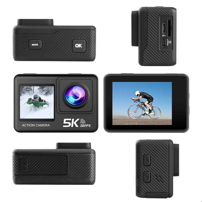 Câmera esportiva 5K 30FPS, grande angular de 170°, EIS, à prova d'água até 30 m, Wi-Fi 2.4G com controle remoto, preta