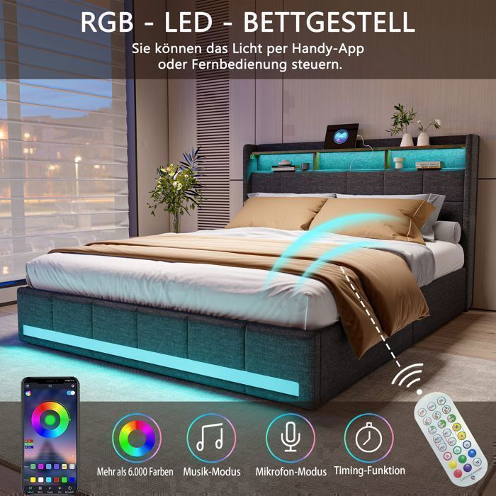 Bed van 140x190 cm met ledverlichting en 4 lades, volwassenenbed met USB-oplaadpunt, tweepersoonsbed, 2-persoonsbed, lattenbodem, beddengoed, grijs