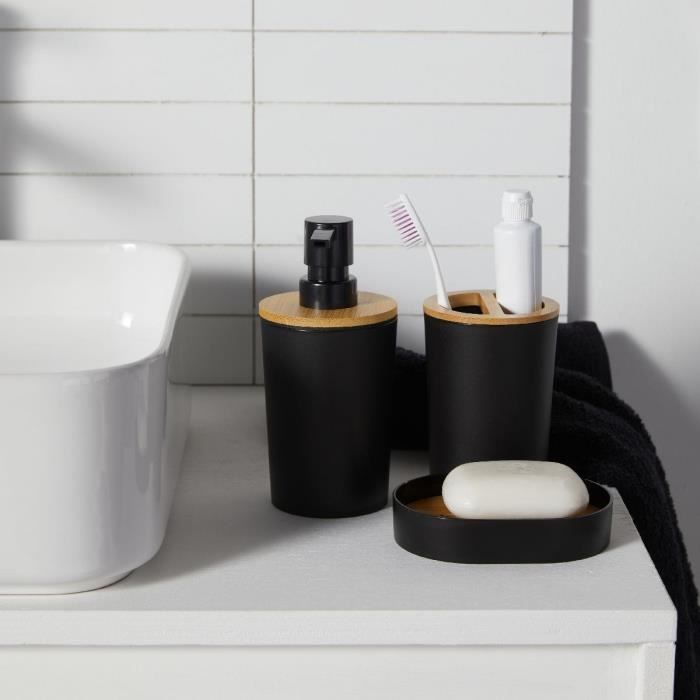 Juego de 6 accesorios de baño - TODAY - UTILITY - Dispensador de jabón, vaso, portacepillos de dientes, jabonera, escobilla de baño, papelera - Negro