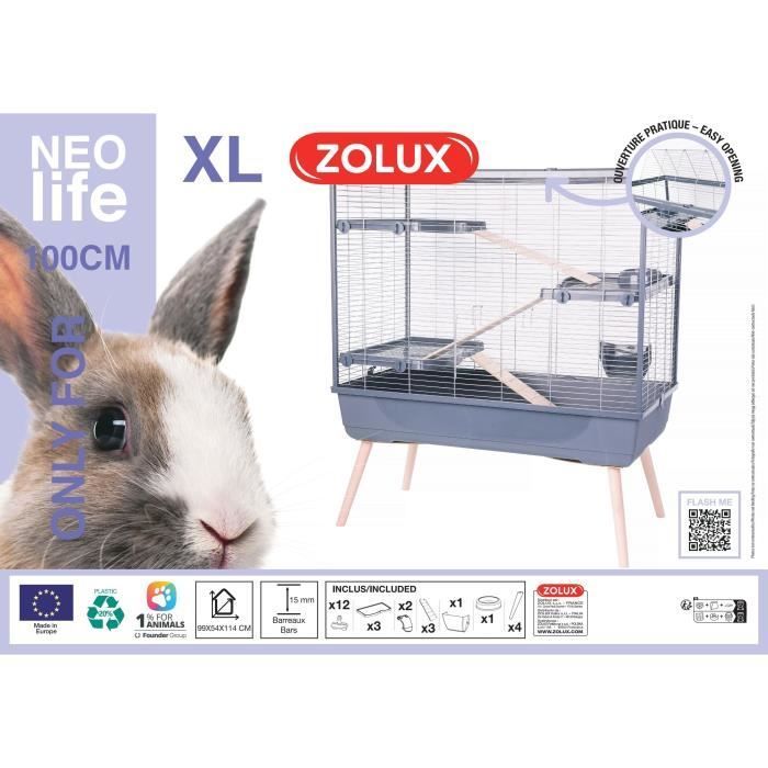 Jaula elevada para roedores ZOLUX Neolife - 3 niveles para conejos - 99 x 54 x 114 cm - Gris