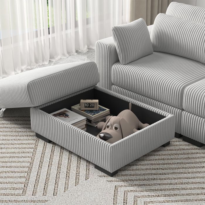 Sofá esquinero convertible de 3 plazas en pana gris. Sillón esquinero reversible con compartimento de almacenamiento y cama modular.