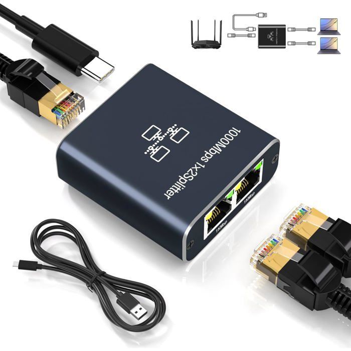 Switch Ethernet,1 à 2 RéPartiteur Ethernet 1000mbps,Commutateur Lan 2 Ports Avec CâBle D'Alimentation De Type C,RéPartiteur RéSeau