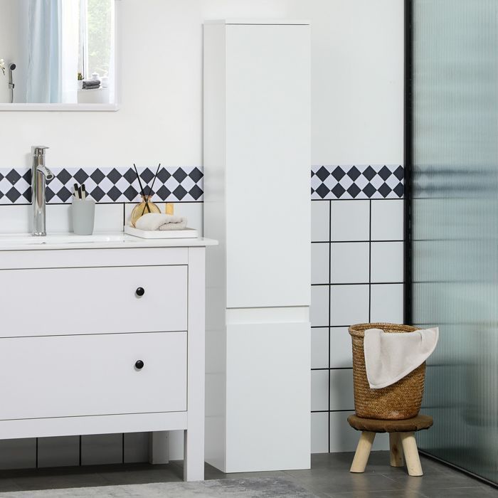 Meuble colonne rangement salle de bain - kleankin - 2 placards 3 étagères réglables - bois - 30x28x152,5cm - blanc