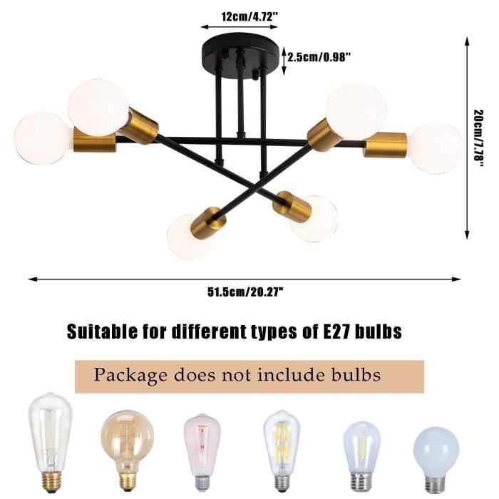 SNO Sputnik kroonluchter, 6 lampen, moderne plafondlamp, zwarte kroonluchter, E27 industriële plafondlamp, vintage metalen hanglamp