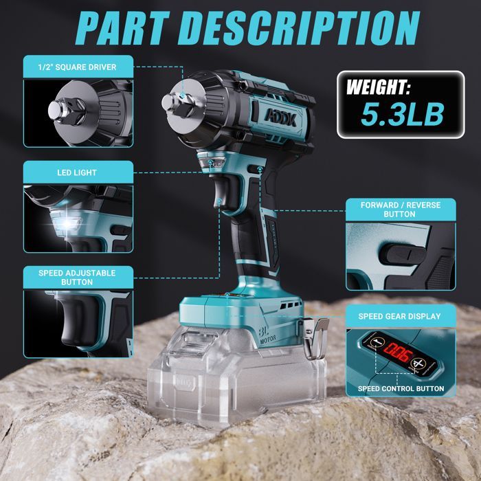 Llave de impacto inalámbrica sin escobillas de 1000 Nm - 5 vasos - 1/2 pulgada - 6 velocidades - Compatible con baterías Makita