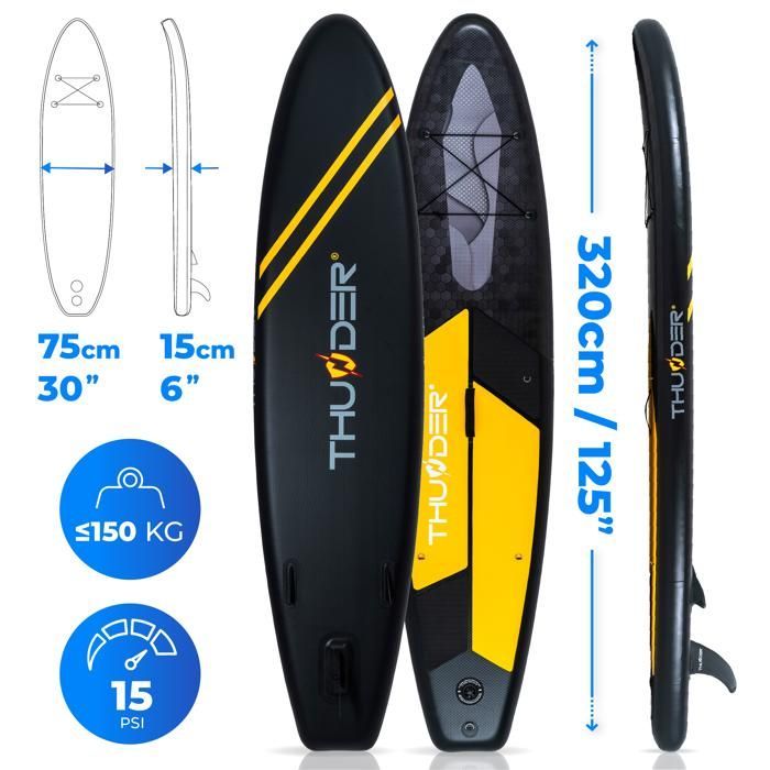 THUNDER® Tavola da Stand Up Paddle gonfiabile per touring | Accessorio completo | 320 cm | PVC | Stile RAVEN | Nero