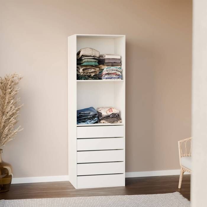 Module dressing avec 5 tiroirs et 2 étagères. blanc.  panneaux stratifiés