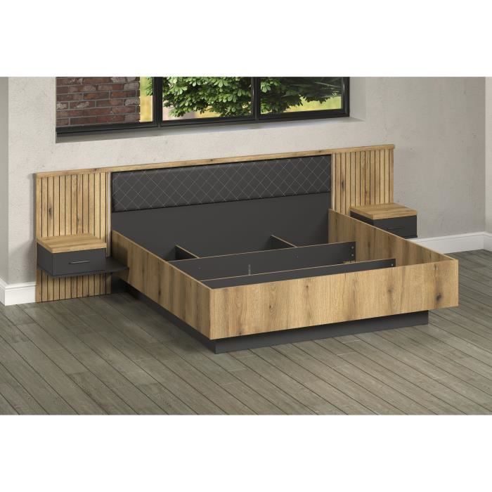 Letto con comodini e illuminazione indiretta - ESTEBAN - 180 x 200 cm - Rovere chiaro / Antracite - TRENDTEAM