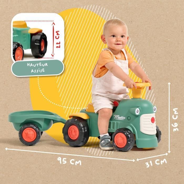 Trattore cavalcabile Maurice - FALK - Volante e rimorchio - 100% Made in France - 90% plastica riciclata - Età 12 mesi+