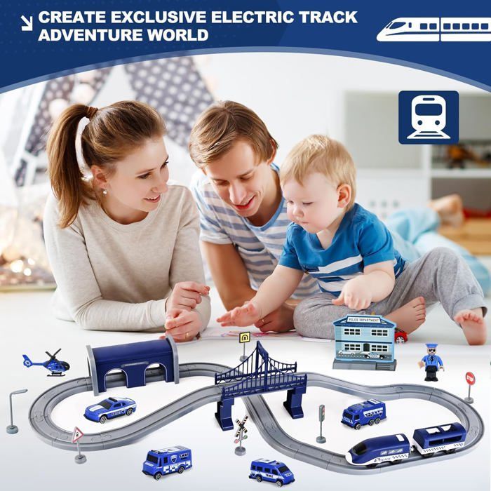 Train Électrique Enfant, 66pcs, Jouets Enfants Véhicules de Construction, 6-12 ans de Cadeau Garçon Fille, Bleu