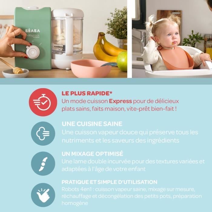 BEABA, Babycook express, robot bébé, 4 en 1 mixeur-cuiseur, vert sauge