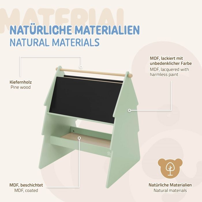 Joyz Tableau Enfant Double Face Design Sapin 68x60x80 cm Etagère en Bois Vert Nature avec Tige pour Rouleau de Papier