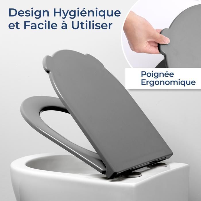 Asiento de inodoro silencioso AquaWise, resina Duroplast, taza de inodoro con cierre suave, antibacteriano, fácil de limpiar, fácil de quitar, gris.
