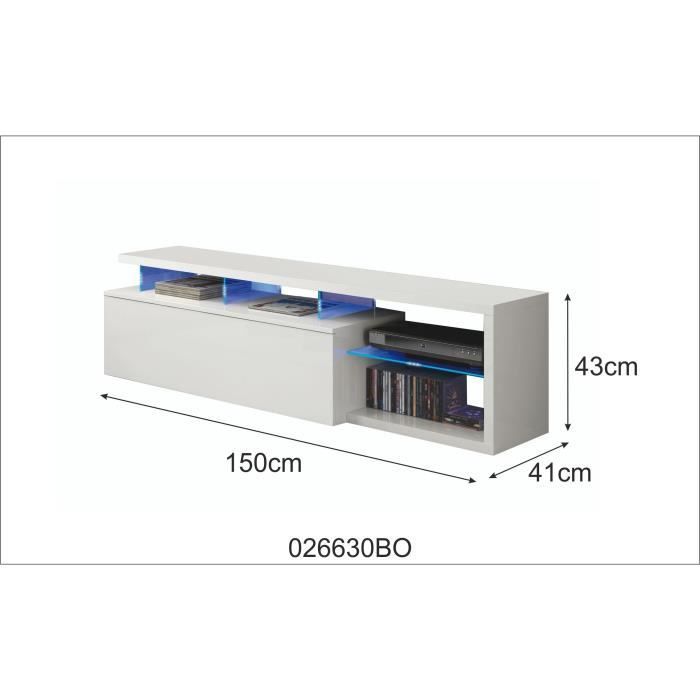 Meuble TV réversible BLUE-TECH - Mélaminé blanc laqué - 1 Porte abattante - LED - Blanc brillant - L150 x P41 x H43 cm