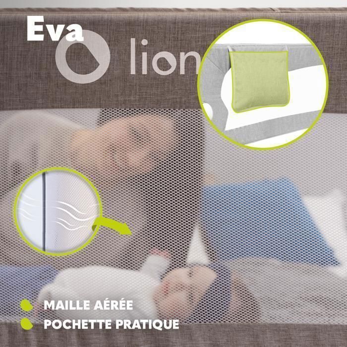 LIONELO Eva Babybettgitter – 150 x 42 cm – Faltbar – Sicherer und stabiler Rahmen – Leicht – Atmungsaktives Netzgewebe – Grau
