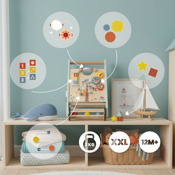 Houten loopstoel voor baby's vanaf 12 maanden met activiteitenpaneel inclusief sorteerder, in elkaar grijpende kralen en cijferblokken.