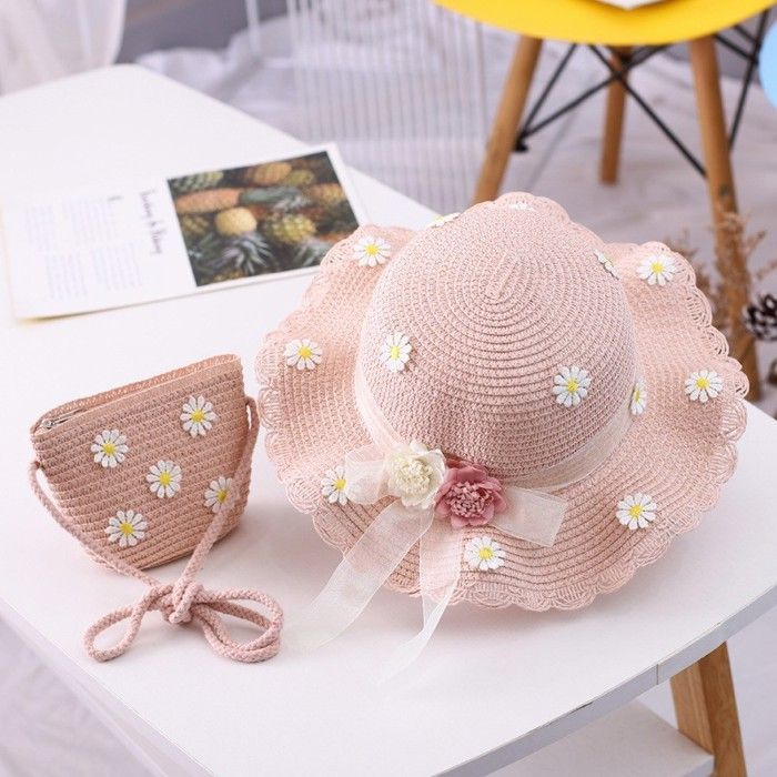 Conjunto de sombrero de paja y bolso FUNMOON para niña - Chanclas Panamá con estampado de girasoles para viajes al aire libre