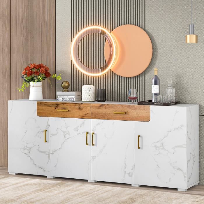 Buffet Salon Blanc Moderne - Grand Buffet avec 4 portes 2 Tiroirs - Meuble de Rangement - 208 x 39,5 x 80 cm