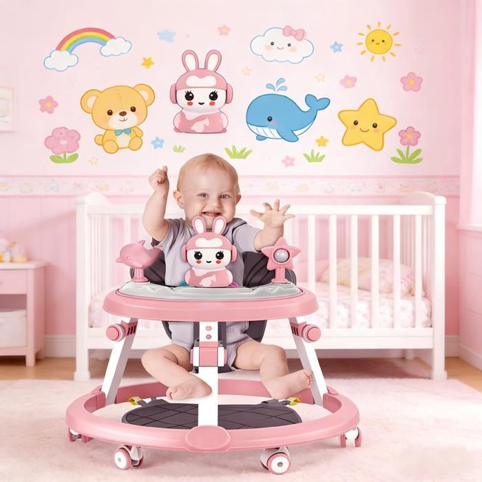 Multifunctionele loopstoel voor baby's - Met muziekdisc - 6-18 maanden - 7 verstelbare hoogtes - Roze - Totale hoogte 52 cm