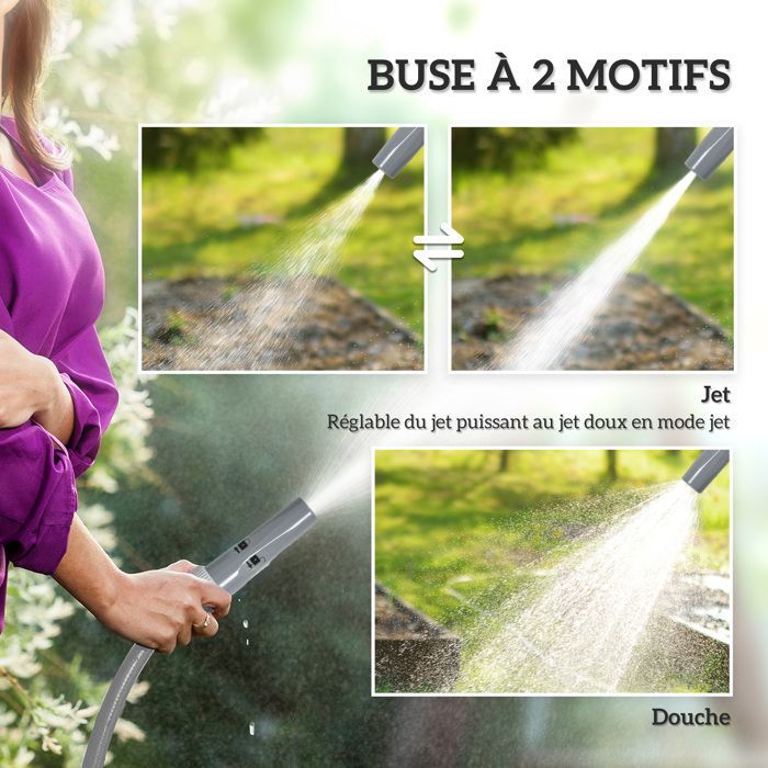 Dévidoir enrouleur de tuyau d'arrosage Outsunny 20m + 2m de tuyau, buse de pulvérisation réglable 2 en 1, à fixer au mur ou à poser