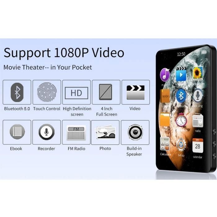 Reproductor MP4, Bluetooth, pantalla táctil de 4 pulgadas, 16 GB de memoria, HD 1080p, calidad de sonido sin pérdidas, altavoz integrado, color negro.