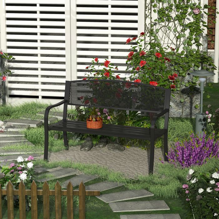 Outsunny - Panchina da giardino - Metallo - 127x60x87cm - Nero