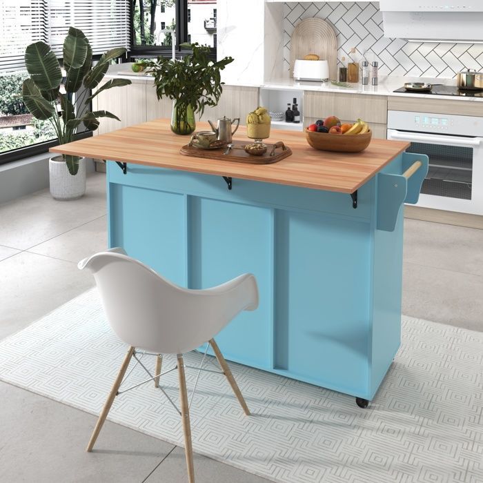 Desserte de Cuisine avec plan de travail, 2 Tiroirs et 3 Portes, Bîlot de cuisine extensible sur roulettes, 129x46-71x91.5cm, Bleu