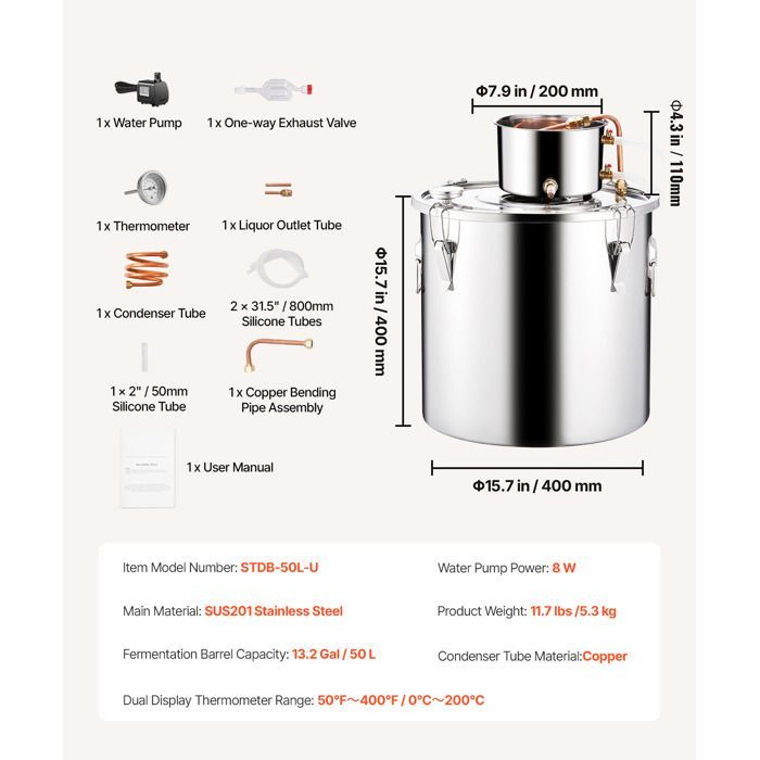 Kit di distillazione Duoku da 13,2 galloni - Distillatore di acqua e alcol in acciaio inossidabile - Kit per la produzione casalinga di vino e whisky