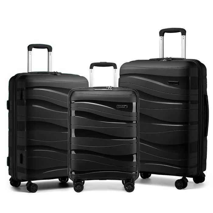 Juego de 3 maletas de viaje Kono (55/66/76 cm) Maleta de cabina rígida con ruedas y cerradura TSA, 4 ruedas con cerradura TSA, color negro
